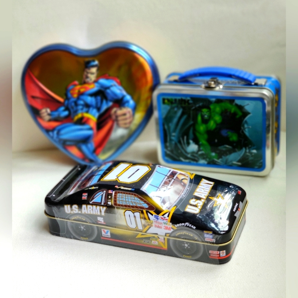 Collectible Tins U.S. Army Pontiac Grand Prix-New, Superman, Incredible Hulk